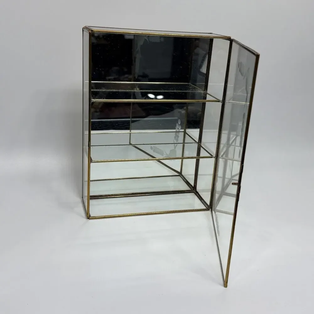 Brass Glass Mirror Curio Cabinet Shelf Wall Mount Table Top 10